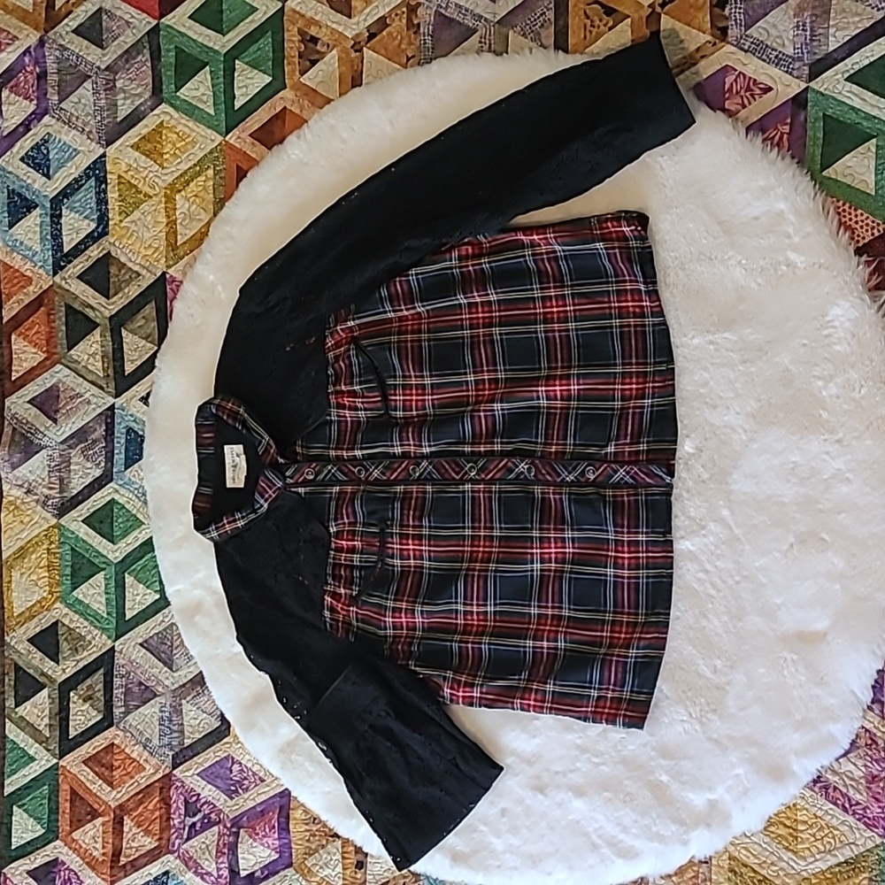 Denim & Supply Ralph Lauren Eyelet Lace Snap Burron Plaid Mixed Media Blouse